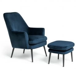 On Sale - Habitat Celine Velvet High Back Chair & Footstool Navy Armchairs